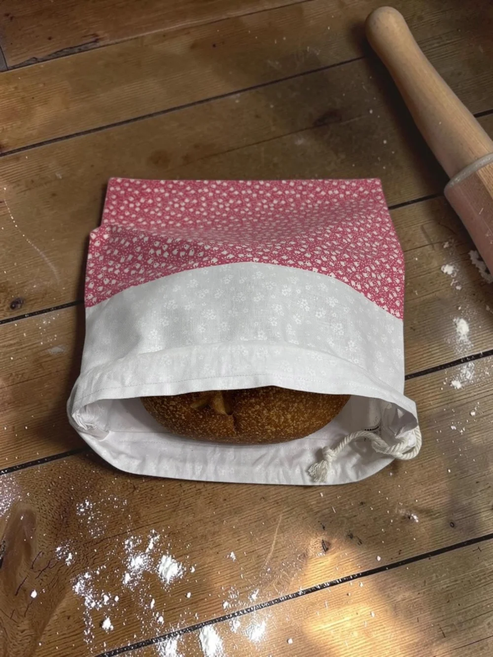 White Tulip & Pink Cotton Bread Bag | Reusable Sourdough Bread Storage Bag